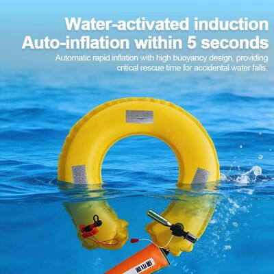 Boia de rescate inflable automática con rotor de ventanas de acero de tungsteno, tiras reflectantes y silbato para el rescate de emergencia